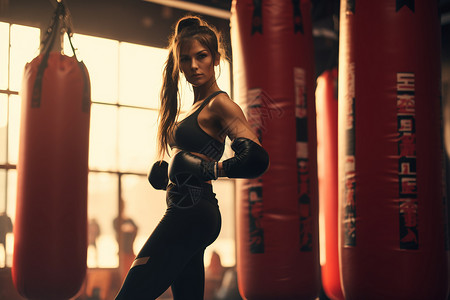 拳击馆中打拳的女子背景图片