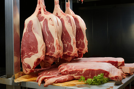 一堆生肉羊肉肉柜高清图片