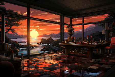 落日与棋牌厅背景图片