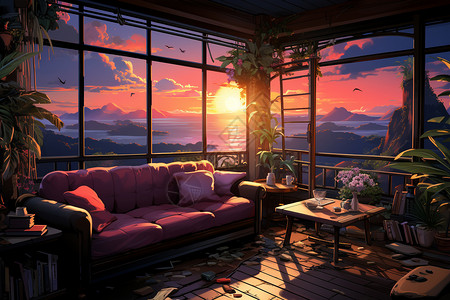 阳光下的美景落日下的房间插画