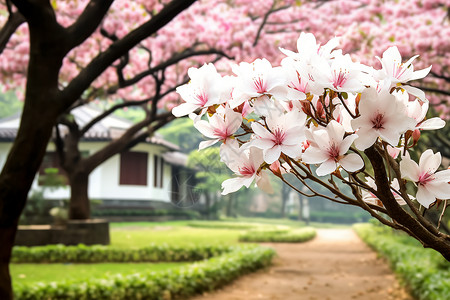春天樱花盛开的公园小径图片