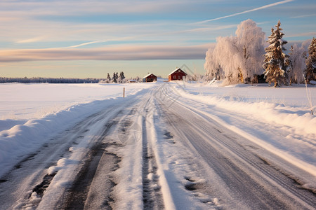白雪皑皑的乡村道路景观图片