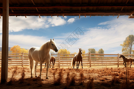 健硕马场中饲养的马匹背景