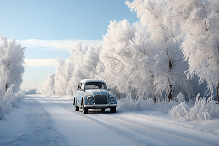 雪地驾驶冬季森林中驾驶的老式汽车背景