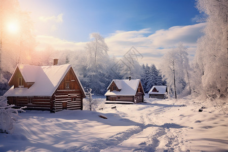 美丽的冬季白雪森林小屋景观图片