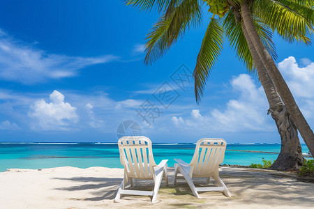 热带岛屿海滩上的沙滩椅图片