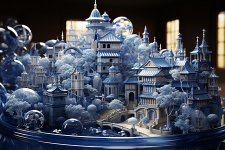 幻境立体的蓝白奇幻城堡背景图片