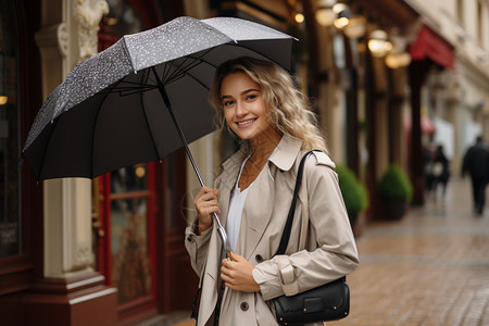 雨中街道上时尚的女子图片