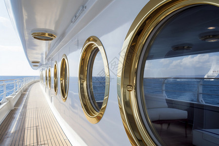 游轮船舱的金色舷窗图片