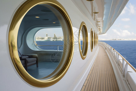 游轮上圆形的金色舷窗图片