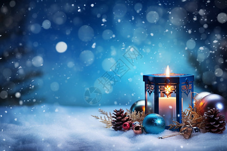 雪中的圣诞节主题烛光背景图片