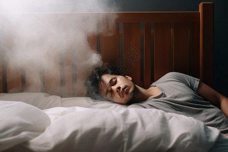 床上烟雾缭绕的男子图片