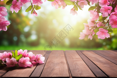 桃花飘落户外木板上的桃花背景