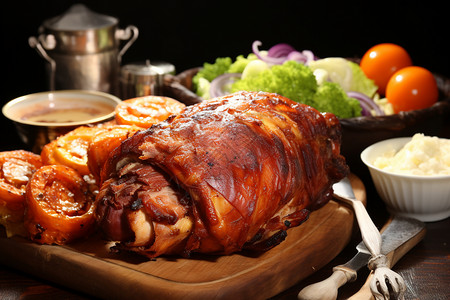 大块猪肉大块烤肉放在切菜板上背景