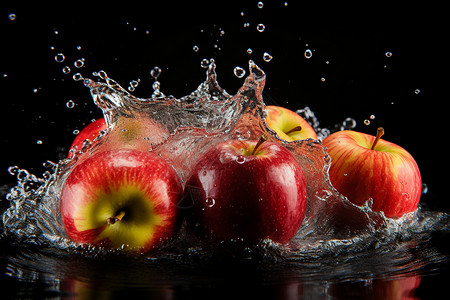 三颗苹果上的一滴水图片