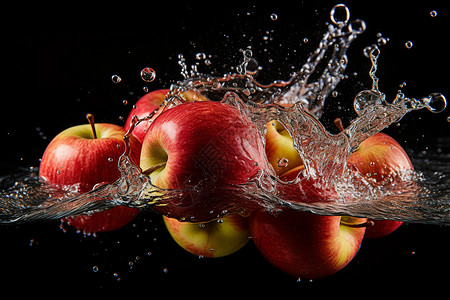 红彤彤的苹果在清澈水中飞溅背景图片
