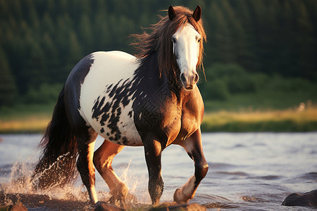 穿越河流的马高清图片