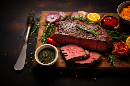 烤红牛肉与香草蔬菜图片