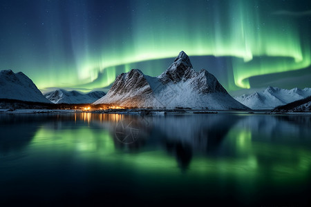 极地山脉下的灯火图片