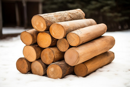 雪地里堆放整齐的木头高清图片