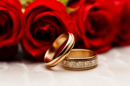 两枚戒指和红玫瑰背景图片
