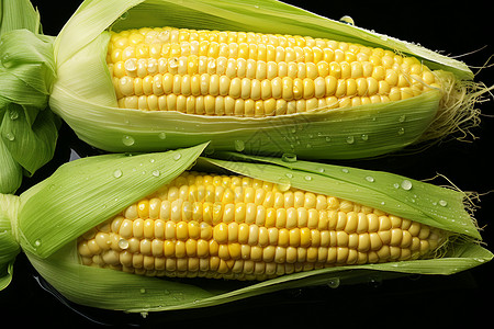 青涩健康的玉米，两个带有水滴的玉米，黑色背景图片