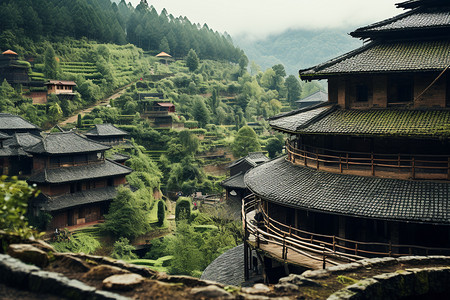 传统楼房山坡上的土楼背景