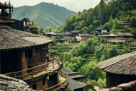 传统楼房山村里的土楼背景