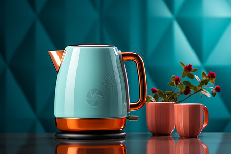 蓝色电热水壶和咖啡杯背景