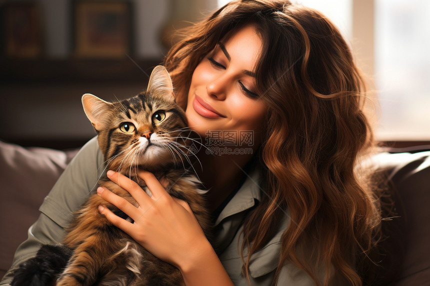 拥抱猫咪的女人图片