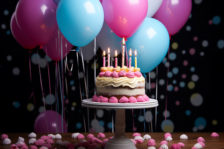 气球中间的生日蛋糕图片