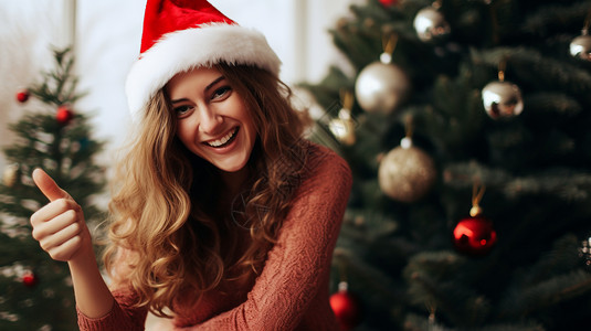 圣诞树前的女人背景图片