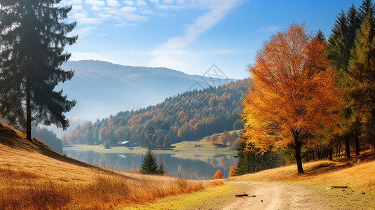 山林湖畔风景画秋日的湖畔小路背景