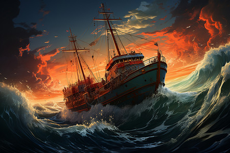 渔船海渔船航行在汹涌的海面上插画