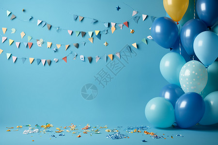 樱花彩带装饰气球与彩带的蓝色背景背景