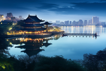 揽江公园夜晚江水上的建筑背景
