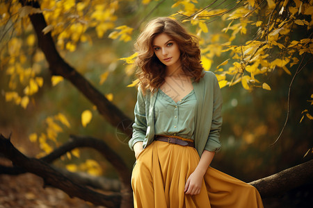 秋季公园中的少女背景图片