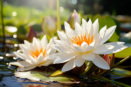 盛放的白莲花水面漂浮着两朵白莲花背景
