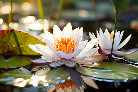 漂浮白色花朵池塘上漂浮的白色莲花背景