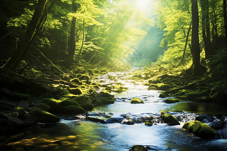 春天清晨森林中的溪流设计图片
