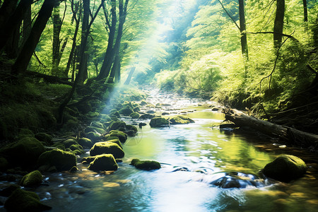 山间溪流清晨森林中的溪流设计图片