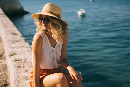 女士太阳镜夏日海边的时尚美女背景