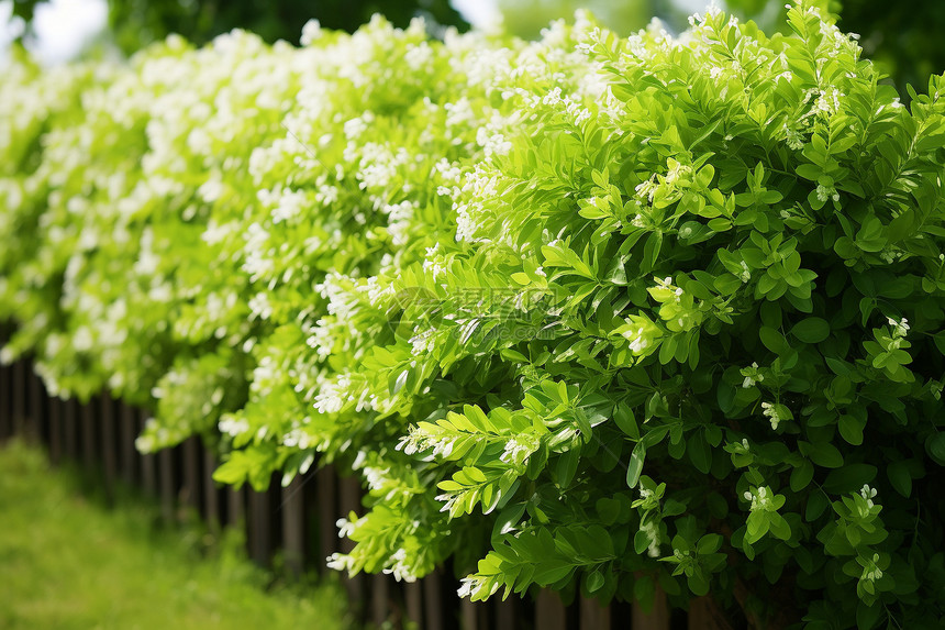白花丛中的一排绿灌木图片