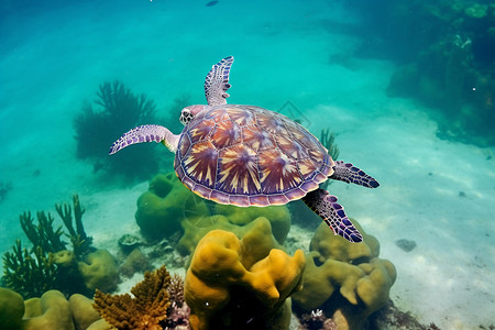 海底乌龟与礁高清图片