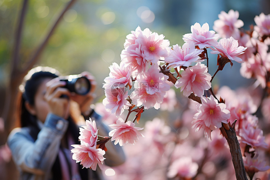 一位女士站在花朵前拍照图片
