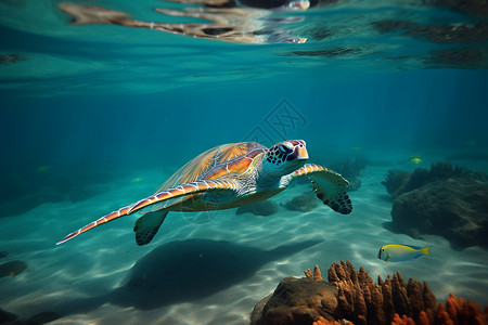 游世界海龟与鱼儿共游海底背景