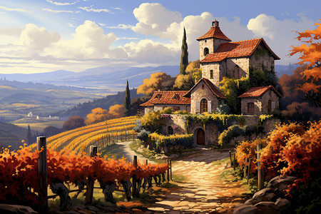 葡萄园酒庄绘画的房屋和葡萄园插画