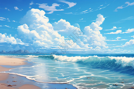 滚滚而来美丽的海岸边油画插画