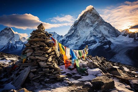 五颜六色彩旗山顶的信念旗帜背景