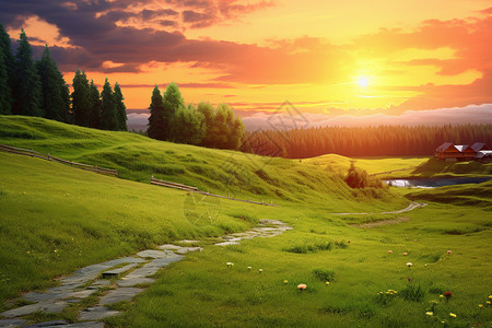 日出山间田野的美丽景观图片